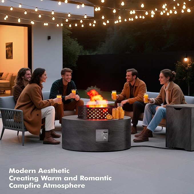 30" Round Propane Fire Pit Table - 50K BTU with Lid, Rocks Tank Storage and Cover - Round Gas Fire Pits for Outside Patio - Outdoor Table with Firepit (Charred Oak, 30" Round)