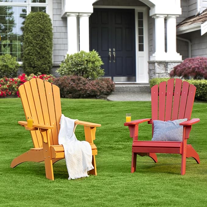 Psilvam Adirondack Chair, Oversized Poly Lumber Fire Pit Chair with Cup Holder, 350Lbs Support Patio Chairs for Garden, Weather Resistant Outdoors Seating, Relaxing Gift for Father & Mother (Red)