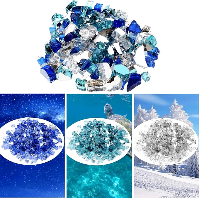 Onlyfire 10 Pounds Blended Reflective Fire Glass for Fire Pit Fireplace and Landscaping, 1/2 Inch Mixed Colored High Luster Fireglass Rocks for Outdoor and Indoor Use - Aqua Blue+Platinum+Cobalt Blue