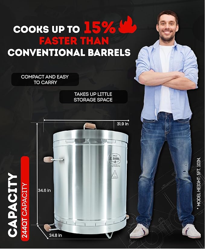 EL BARRIL 60lbs Premium Vertical Grill, Stainless Steel Barrel Charcoal Smoker, Extra Large Outdoor Smoker with Even Heat Distribution