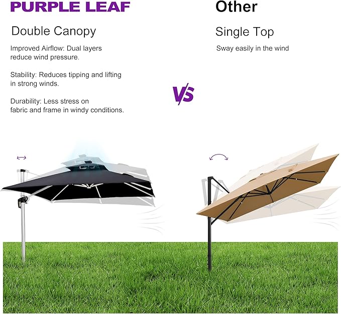 PURPLE LEAF 11 Feet Double Top Deluxe Solar Powered LED Square Patio Umbrella Offset Hanging Umbrella Outdoor Market Umbrella Garden Umbrella, Black