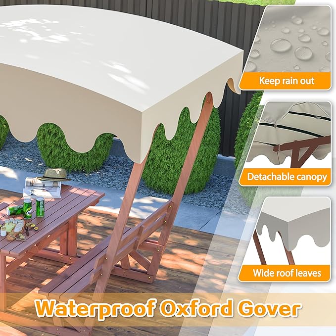 Rueekfil Outdoor Solid Wood Picnic Table with Bench Set & Removable Waterproof Canopy, All-Weather Commercial Camping Table for School, Patio Garden Deck Park Beach, Brown