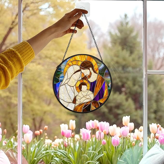 cvjutf Christian Baby Jesus Nativity Suncatcher Stained Glass Window Hanging Decor, Christian Christmas Stained Glass Wall Decor Gifts, Nativity Scene Garden Lawn Sun Catchers Window Art, 7.9x7.9In