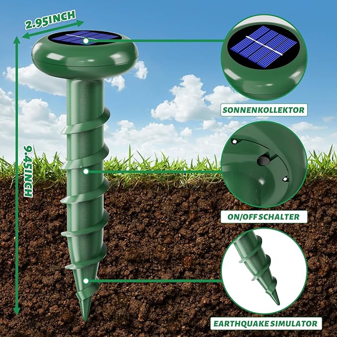 Solar Powered Ultrasonic Mole Repellent,Outdoor Animal Repellent Effective Get Rid of Snake Skunk Vole Groundhog Chipmunk Squirrel,Yard Garden Spiral IP 65 Waterproof Sonic Spikes（6 Pack）