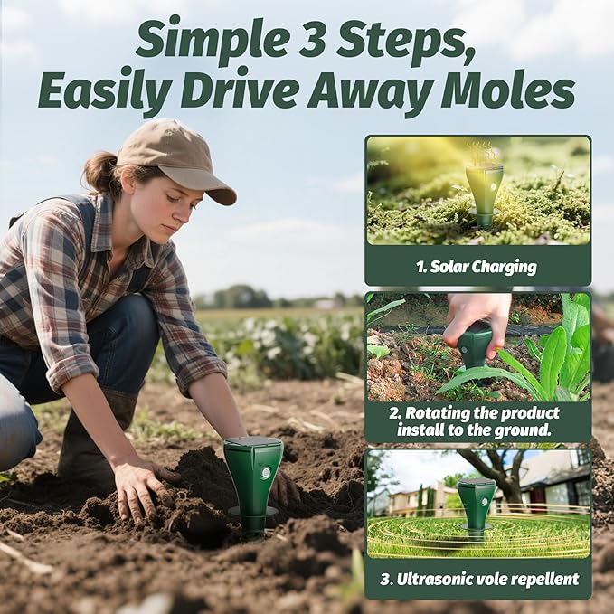 8 Packs Mole Repeller for Lawns，Solar Powered Vole Repellent Ultrasonic Pest Control Stake, Waterproof Sonic Pulse Deterrent for Gopher Vole Snake in Lawn, Garden & Yard