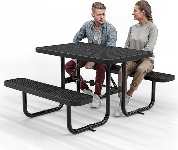 OUTTANS Commercial Heavy-Duty Metal Picnic Table - ADA Compliant, Adjustable Seats, Umbrella Hole, Expanded Metal (Black, 4' Rectangular)