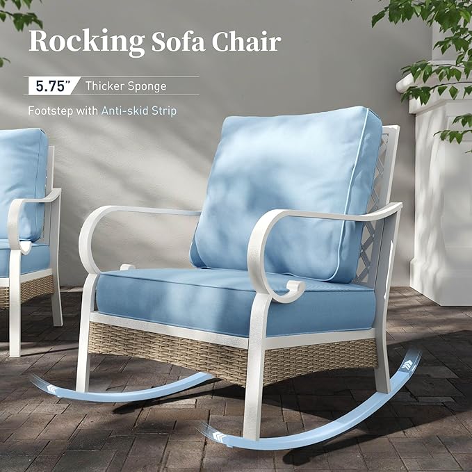 SUNSHINE VALLEY 4 Piece Metal Outdoor Patio Furniture Sets, Patio Conversation Sets 1 2-seater Sofa, 2 Single Sofa with 5.75" Extra Thick Cushion and Coffee Table, White Frame Backyard Furniture, Blue