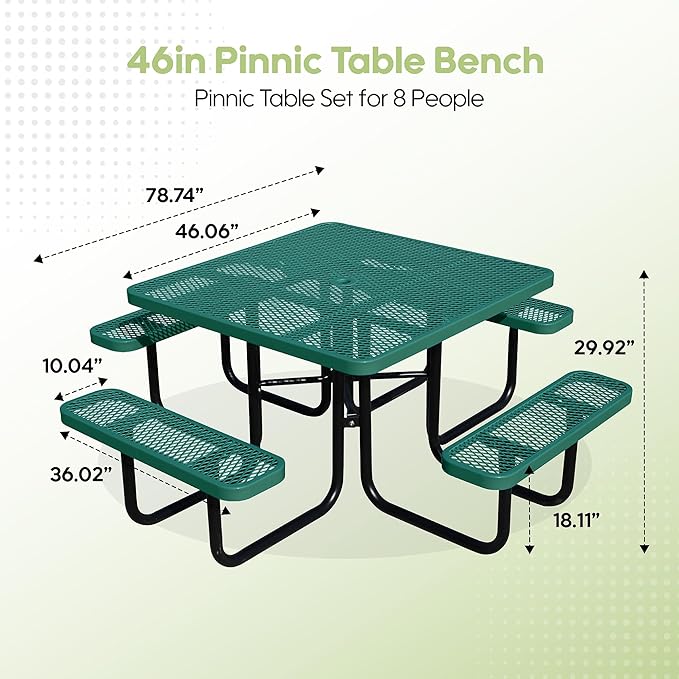 46Inch Square Picnic Table for 8 Person, Outdoor Heavy Duty Sturdy Picnic Tables with 4 Benches & Umbrella Hole, Commercial Metal Patio Picnic Table for Garden, BBQ, Coffee Store, Party, Porch (Green)