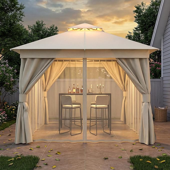 LAUSAINT HOME Outdoor Patio Gazebo 10'x10' with Expansion Bolts, Heavy Duty Party Tent & Shelter with Double Roofs, Mosquito Nettings and Privacy Screens for Backyard (Cream White)