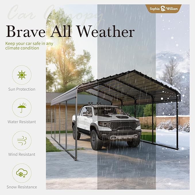 Sophia & William Carport Car Port Metal Canopy 12x20 ft Heavy Duty for Snow, Portable Garage Kit Shed Tent Shelter Metal Frame All Weather Outdoor for Boat with Anti-Leak Seam Taped, Dark Grey