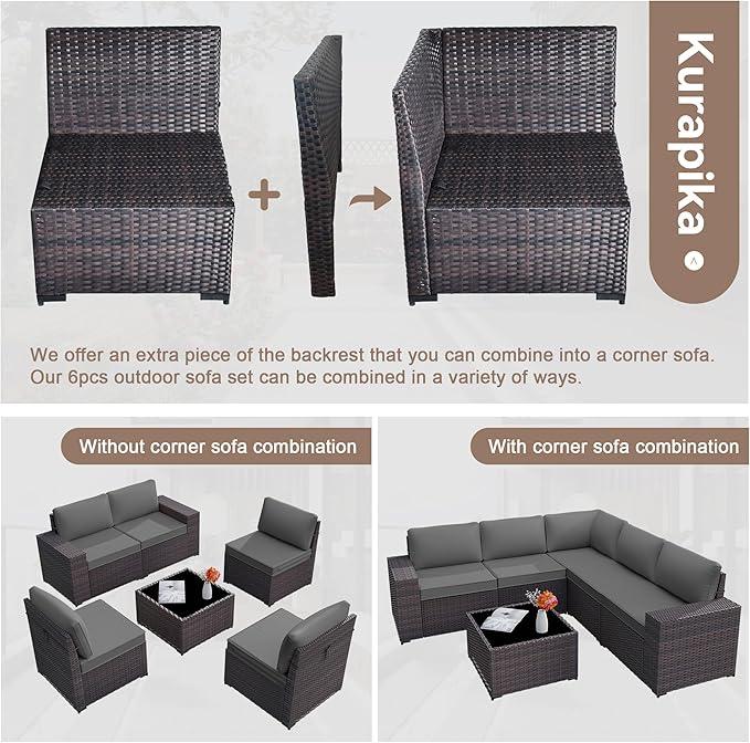Kurapika 6 Pieces Patio Furniture Set, Rattan Outdoor Conversation Sets w/4 Inch Cushion and Glass Coffee Table(Grey)