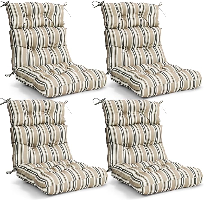 EAGLE PEAK Tufted Outdoor/Indoor High Back Patio Chair Cushions, Set of 4, 46'' x 22'', Beige Stripes