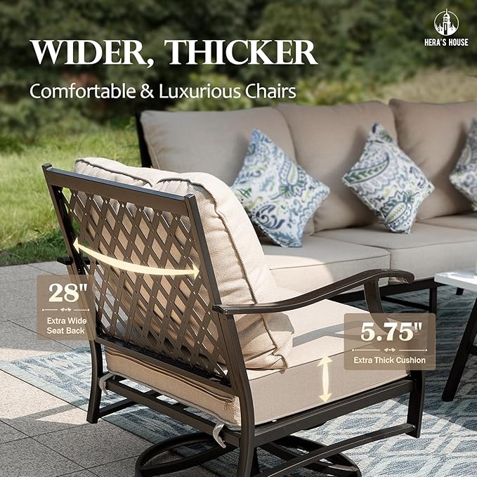 HERA'S HOUSE 5 Pieces Fire Pit Patio Furniture Set, 4 x Thick Cushioned Swivel Chairs with 28" Fire Pit Table (50,000 BTU), Outdoor Conversation Set for Garden, Backyard, Lawn