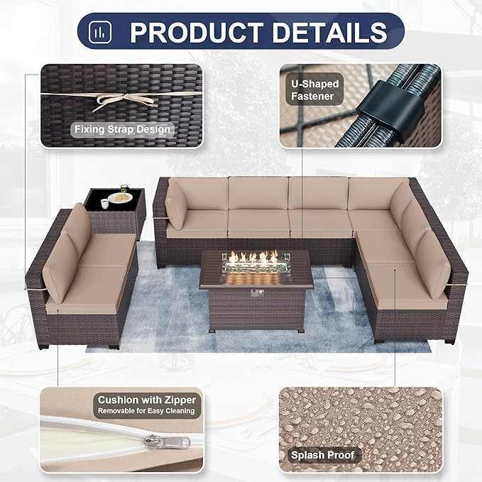Kurapika 13 Pieces Patio Furniture Set, Rattan Wicker Outdoor Conversation Sets w/43in Propane Fire Pit Table, Swivel Rocking Chairs Patio Sectional Sofa w/4 Inch Cushion, Sand