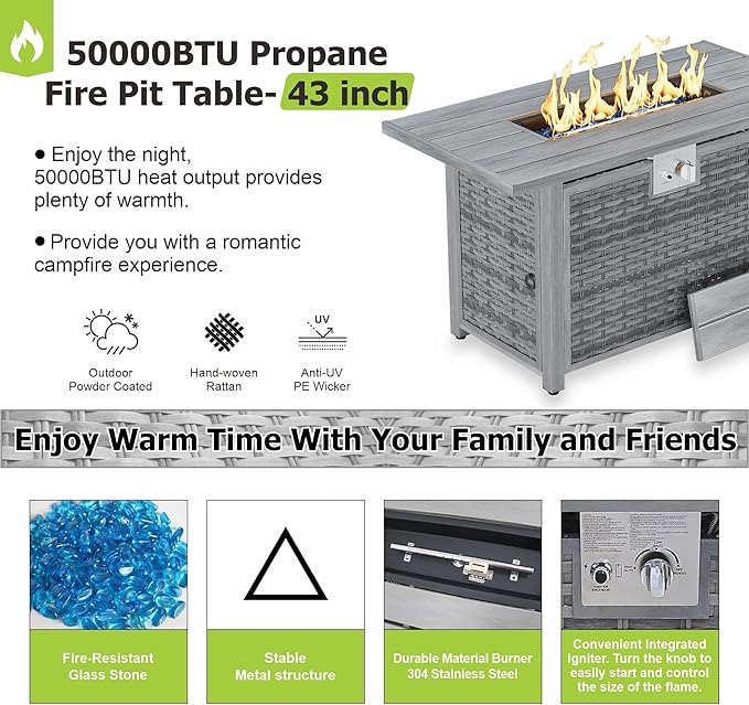 30" Round Propane Fire Pit Table - 50K BTU with Lid, Rocks Tank Storage and Cover - Round Gas Fire Pits for Outside Patio - Outdoor Table with Firepit (Grey, 43" Rectangular)