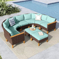 MFSTUDIO 9 Pieces Extra Large Wicker Patio Furniture Set, Rattan Outdoor Half-Moon Sectional Sofa Conversation Set, 4 x Curved Sofa, 1 x Armless Couch, 2 x Ottoman, 2 x Corner Chair(Aqua Blue Cushion)