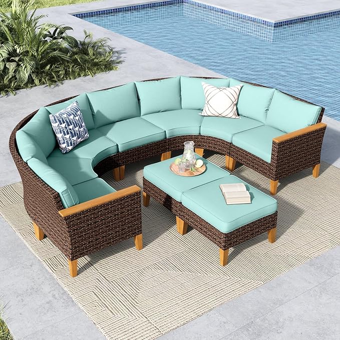 MFSTUDIO 9 Pieces Extra Large Wicker Patio Furniture Set, Rattan Outdoor Half-Moon Sectional Sofa Conversation Set, 4 x Curved Sofa, 1 x Armless Couch, 2 x Ottoman, 2 x Corner Chair(Aqua Blue Cushion)