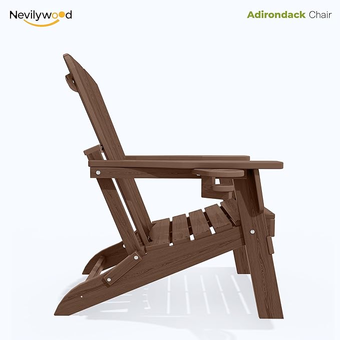 nevilywood Folding Adirondack Chair with Cup Holder Set of 2, HDPE Patio Chairs,All-Weather Outdoor Chairs for Backyard, Deck,Fire Pit-Coffee
