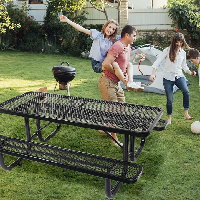 Phyfalip 6 ft. Rectangular Outdoor Steel Picnic Table with Umbrella Pole, Heavy-Duty Weather-Resistant Dining Table for Patio, Backyard, and Garden, Rust-Resistant Finish, Black
