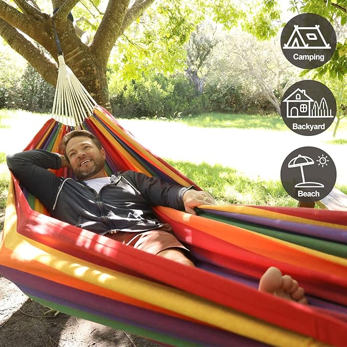 CHULIM Brazilian Double Hammock with Tree Straps,Extra Large 94x63IN,2 Persons Hammock for Backyard Patio Outdoor and Indoor,450lbs Weight Capacity,Soft Woven Cotton Fabric - Aqua Bule Stripe