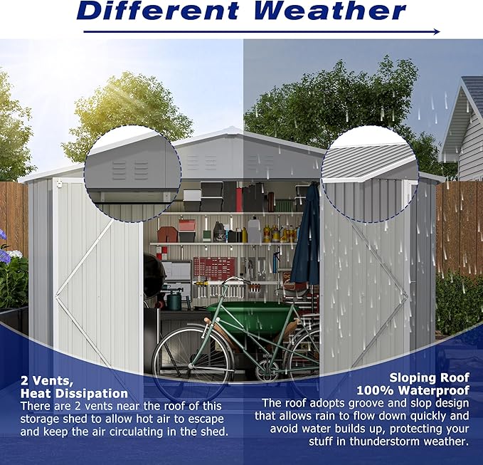 8 * 12 FT Outdoor Storage Shed with Floor Frame Heavy-Duty Metal Sheds & Outdoor Storage with Vents, Sloping Roof and Lockable Doors Waterproof Garden Tool Shed for Backyard Patio Lawn, Grey
