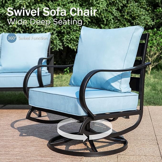 PHI VILLA Patio Furniture Set with Fire Pit Table,1x 3-Seat Wide Deep Seating Bench Sofa, 4 Swivel Sofa Chair, 1 Fire Pit Table,Outdoor Conversation Set for 9,Light Blue