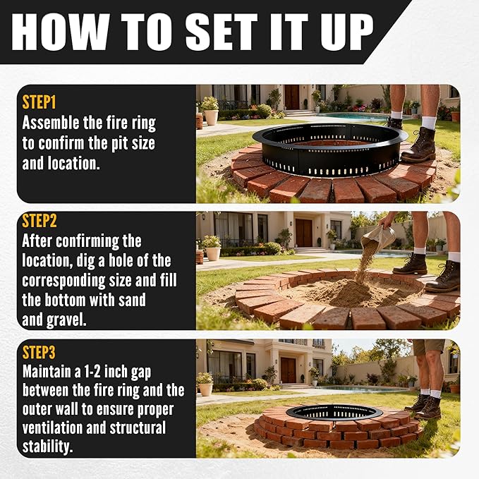 Smokeless Fire Pit Ring Insert - 36 Inch Outdoor Fire Pit Liner with Airflow Design for Efficient Burning, Durable Steel Construction, for Outdoor Camping