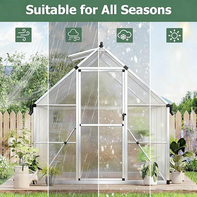 GAOMON 8x10 FT Outdoor Greenhouse with Roof Vent, Heavy Duty Aluminum Polycarbonate Greenhouses, Easy Assembly, Lockable Door, Large Walk-in Greenhouse for Patio, Backyard, Garden