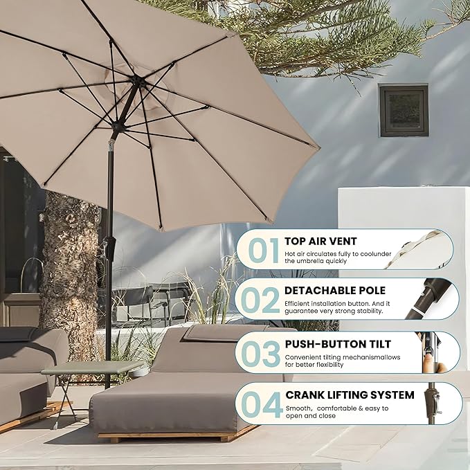 9FT Large Outdoor Patio Umbrella Market Table Umbrella-UV Resistant, Easy Push Button Tilt and Crank, 8 Sturdy Ribs Heavy-Duty Pool Umbrella for Deck,Beige