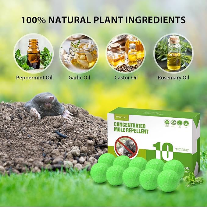 MAGIC CAT® Mole Repellent Outdoor Gopher Repellent, Natural Castor Oil Vole Repellant Outdoor Pet Plant Safe, Groundhog Repellent Mole Deterrent to Keep Vole Groundhog Out of Lawn Yard Garden-10P