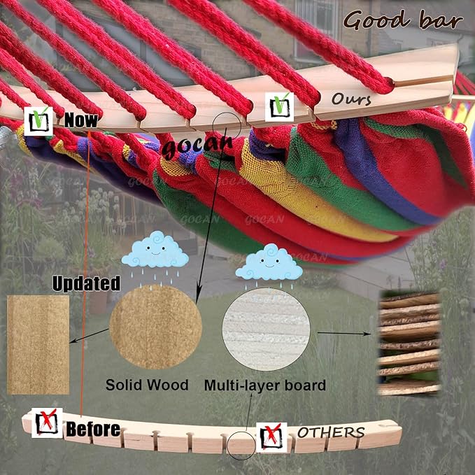 GOCAN Double Hammock 2 Person Large 220x160cm with Steel Stand and Removable Spreader bar Load 500lb, Canvas Cotton Hammocks for Patio Porch Garden Backyard Outdoor and Indoor,red