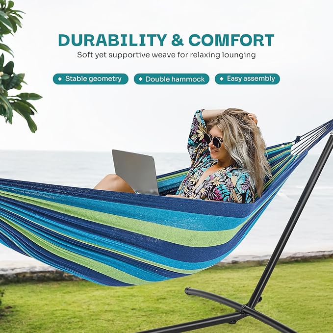 NEWBULIG Double Hammock with Stand, Heavy Duty Portable Hammocks for Outdoor Indoor Patio Camping, Space Saving Design & Carry Bag, Easy Assembly, 450lb Weight Capacity