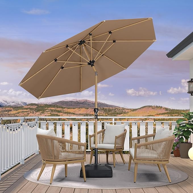 PURPLE LEAF 10 Feet Patio Umbrella with Base Outdoor Umbrella Round Market Umbrella for Table with Push Button Tilt & Crank and 8 Ribs Aluminum Pool Umbrella for Beach Patio, Taupe