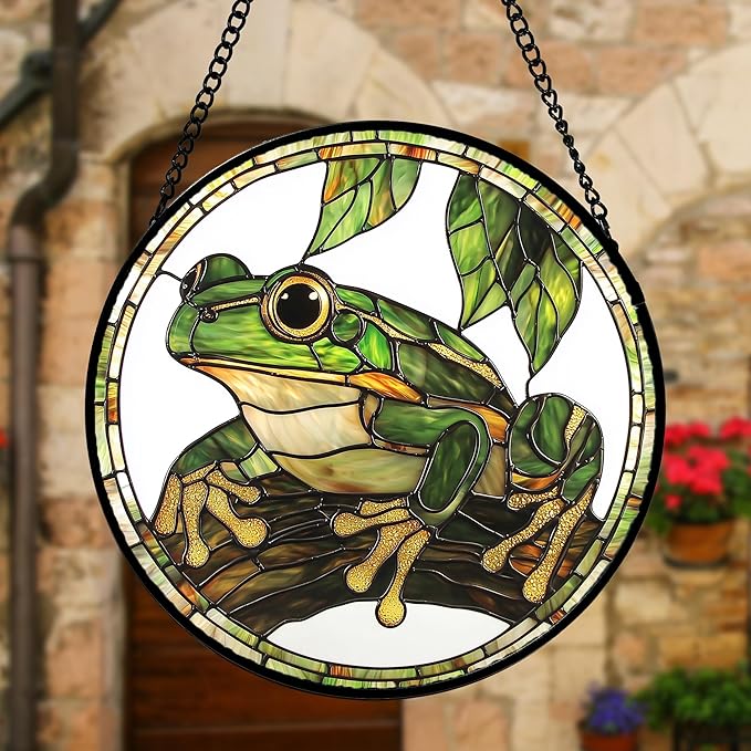 DASTOLL Stained Glass Window Hanging, Frog Green Leaf Sun Catchers Colorful Glass Panel Cool Suncatcher Decor for Birthday for Women, Men, Wife, Aunt, and Mom 9.8 in