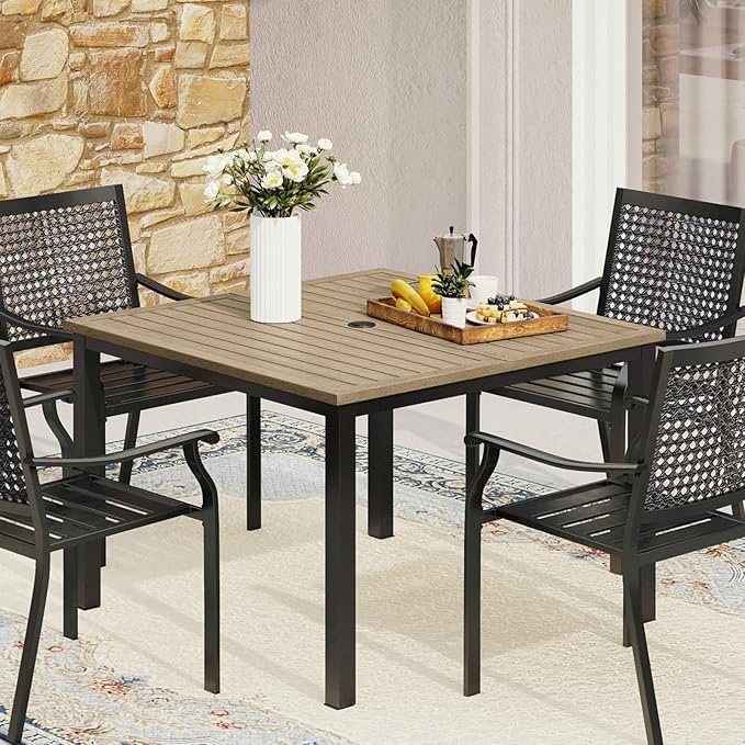 MFSTUDIO 42" Square Outdoor Dining Table, Patio Furniture Wood-Like Tabletop with Adjustable Umbrella Hole for Deck,Backyard,Lawn,Garden