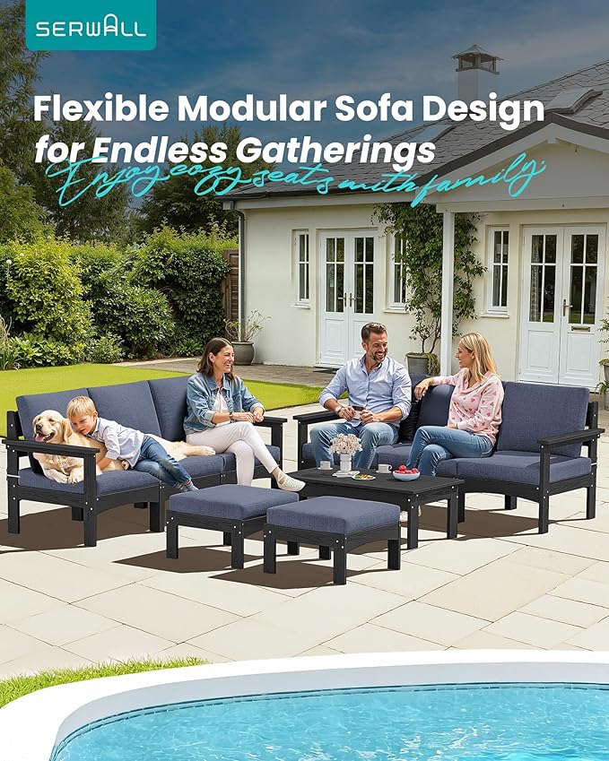 SERWALL 9 Pieces Patio Furniture Set with 15FT Double Side Patio Umbrella, HDPE Outdoor Sectional Sofas, Outdoor Couch Set, Large Modular Conversation Set for Garden, Black Frame with Grey Cushion