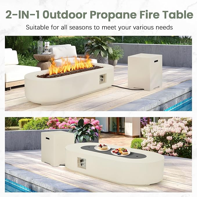 ECOTOUGE 2-Piece Gas Fire Pit, 60''Oval Outdoor Propane Fire Pit Table Set w/Tank Cover, Auto-Ignition Steel Fire Table, 50,000 BTU Concrete Fire Pit w/Weather-Resistant Pit Cover, Lava Rocks, White