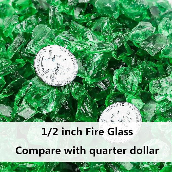 GRISUN Emerald Green Fire Glass for Fire Pit, 20 Pounds 1/2 Inch Tempered Glass Rocks for Natural or Propane Fireplace, Safe for Outdoors and Indoors Firepit Glass