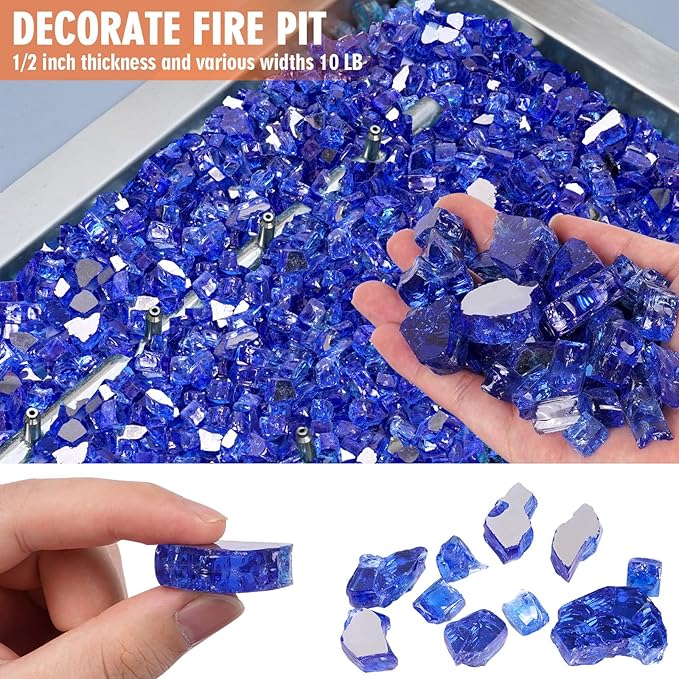 Mesida Fire Glass for Propane Fire Pit - 10 lb Reflective High Luster Glass Rocks, Cobalt Blue 1/2-Inch Fire Pit Glass for Indoor/Outdoor Fireplace & Fire Table, Tempered Decorative Firepit Rocks