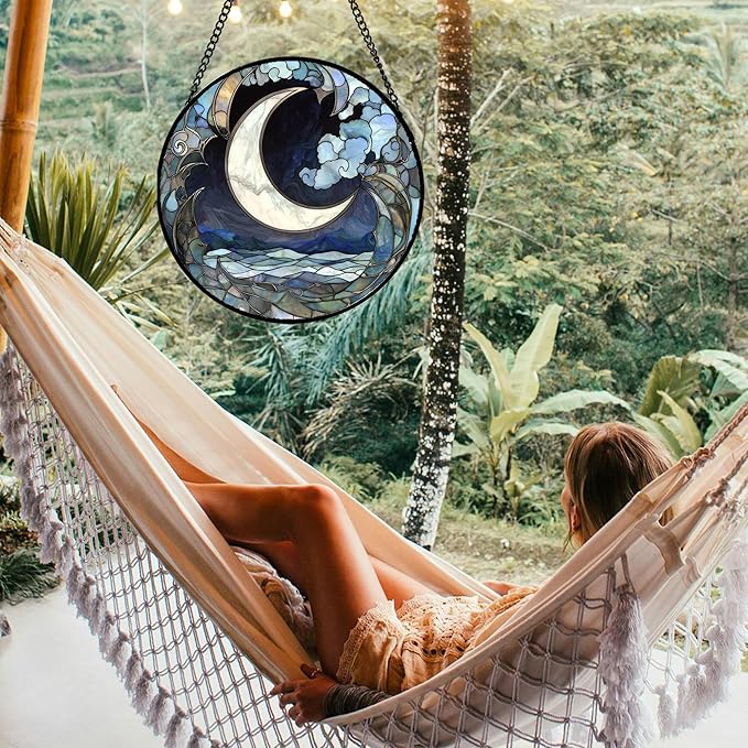 JOSUMALY Stained Glass Window Hanging - Abstract Sea of Clouds Moon Sun Catcher for Door Terrace Garden Home Decor, Gray Blue Suncatcher Birthday Gifts for Lovers Women Men Dad Mom Nana 9.8 in
