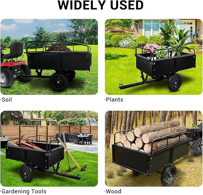 Heavy Duty ATV Trailer Steel Dump Cart, 750 Lbs 15 Cubic Feet Garden Trailer Pull Behind with Removable Sides & All Terrain Tires for Lawn Mower, ATV & Yard Work