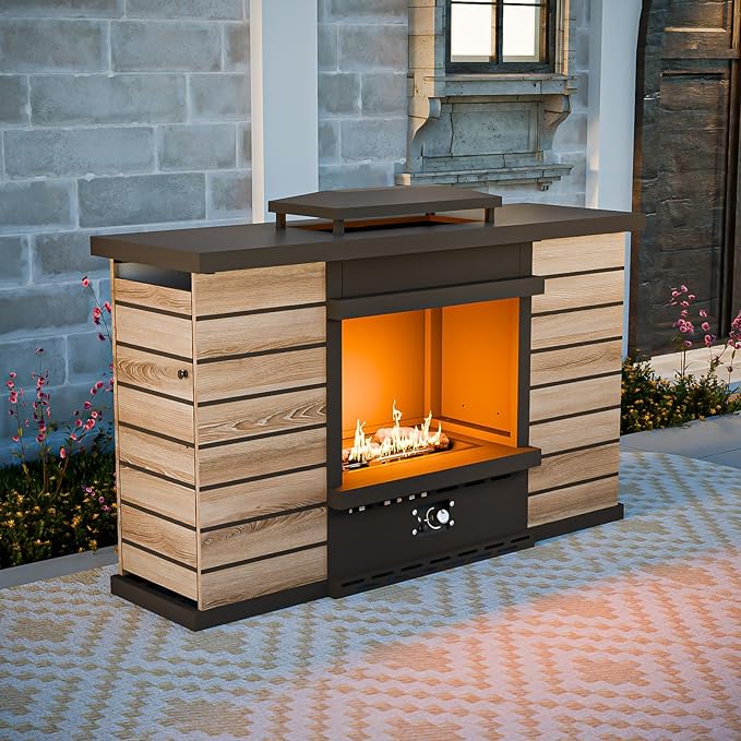 EAGLE PEAK Outdoor Propane Fireplace 50,000 BTU Ventless Gas Fireplace with Hidden Storage & Adjustable Flame, Patio Heater for Decks Backyards, Gray/Tan