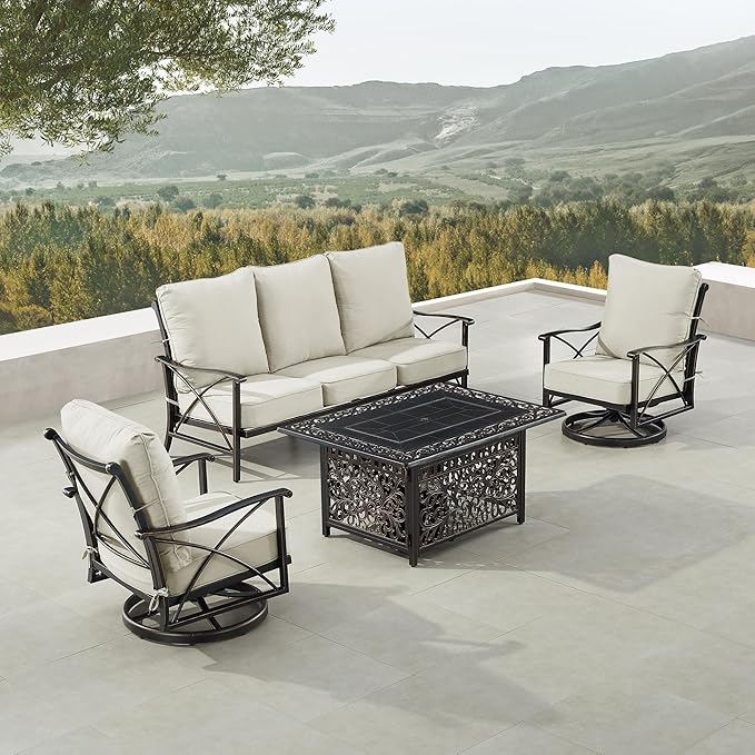 Oakland Living Black Aluminum Fire Table Set with Deep Seating Sofa with Cushion and Two Club Chairs
