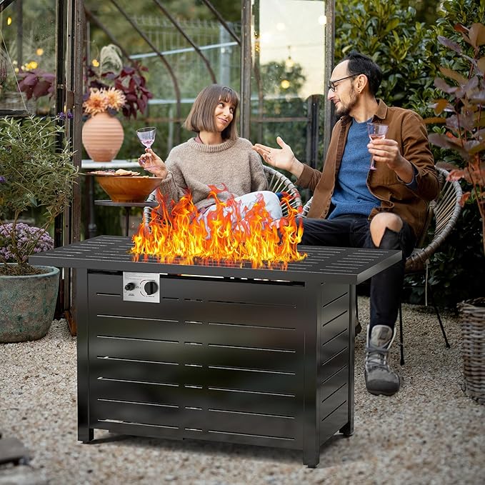 Xbeauty Fire Pit Propane Gas FirePit Table 43" Outdoor Fire Pit Rectangular Tabletop with Lid, Rain Cover, for Outside Garden Backyard Deck Patio