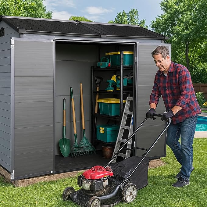 8x4ft Resin Outdoor Storage Shed with Floor and 2 Windows, Plastic Sheds & Outdoor Storage Clearance for Patio Furniture, GardenTools, Lawn Mower and Bike Accessories, Black+Grey