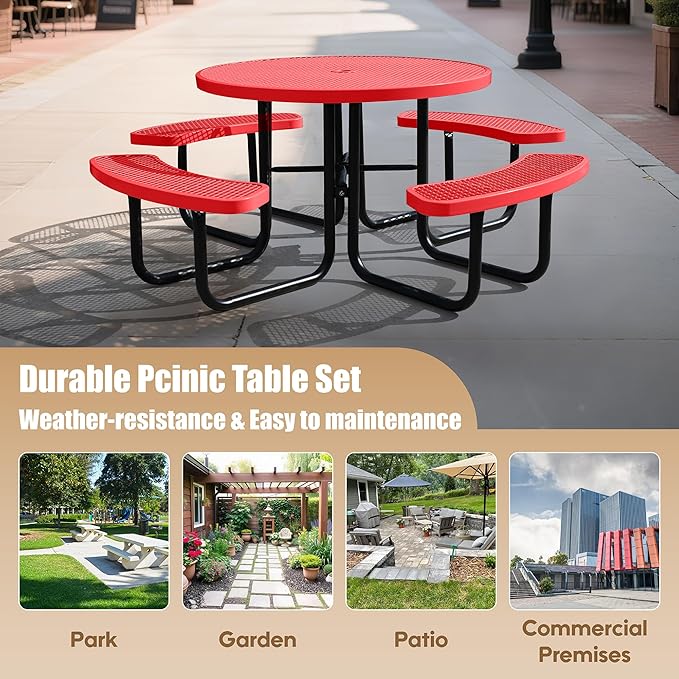 Sunnibety 8-Person Picnic Tables for Outdoors, Industrial 46" Expanded Metal Round Picnic Table with 4 Benches & Umbrella Hole, Outside Table and Bench Set for Park, Garden, Backyard, Patio, Red