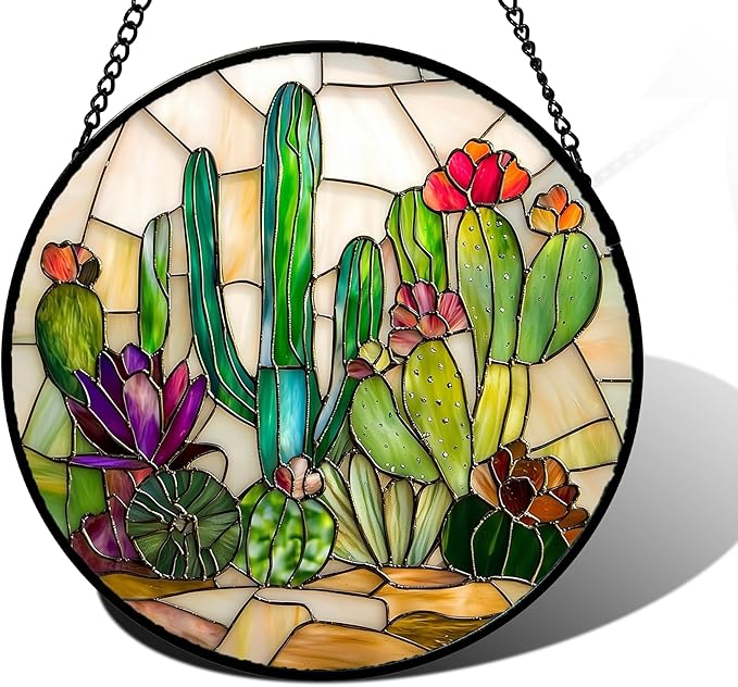 DASTOLL Stained Glass Window Hanging, White Green Cactus Suncatcher Diamond Glass Panel Hangings Sun Catchers Decor for Birthday for Women, Men, Wife, Aunt, and Mom 6.3 in