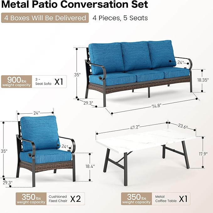 SUNSHINE VALLEY 4 Piece Metal Outdoor Patio Furniture Set, Patio Conversation Sets 1 3-Seater Sofa, 2 Chairs with 5.75" Extra Thick Cushion and Coffee Table, Black Frame Backyard Furniture, Blue-2