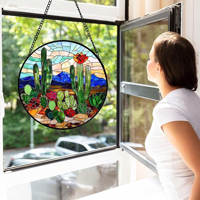 DASTOLL Stained Glass Window Hanging, Green Cactus Suncatcher for Doors Window Home Plant Landscape Sun Catchers Decoration Mother's Day Birthday Gifts for Women, Men, and Mom 7.8 in