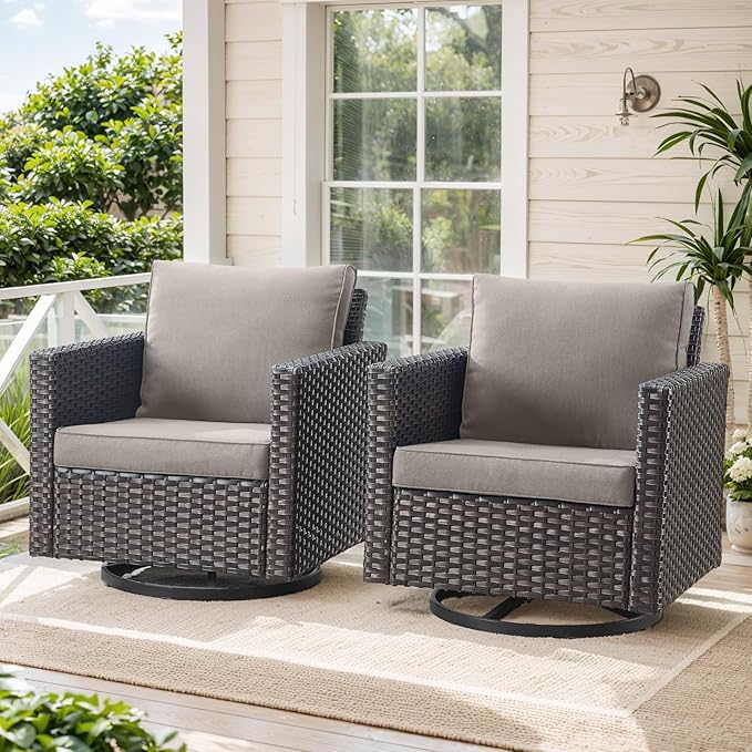 HUMMUH Patio Swivel Chairs Set of 2,PE Wicker Outdoor Rocker Chairs Bistro Set Porch Balcony Furniture with Cushions